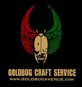 A black and white photo of the logo for goldbug craft service.